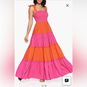 Tie-Shoulder Tiered Maxi Dress in Pink and Orange